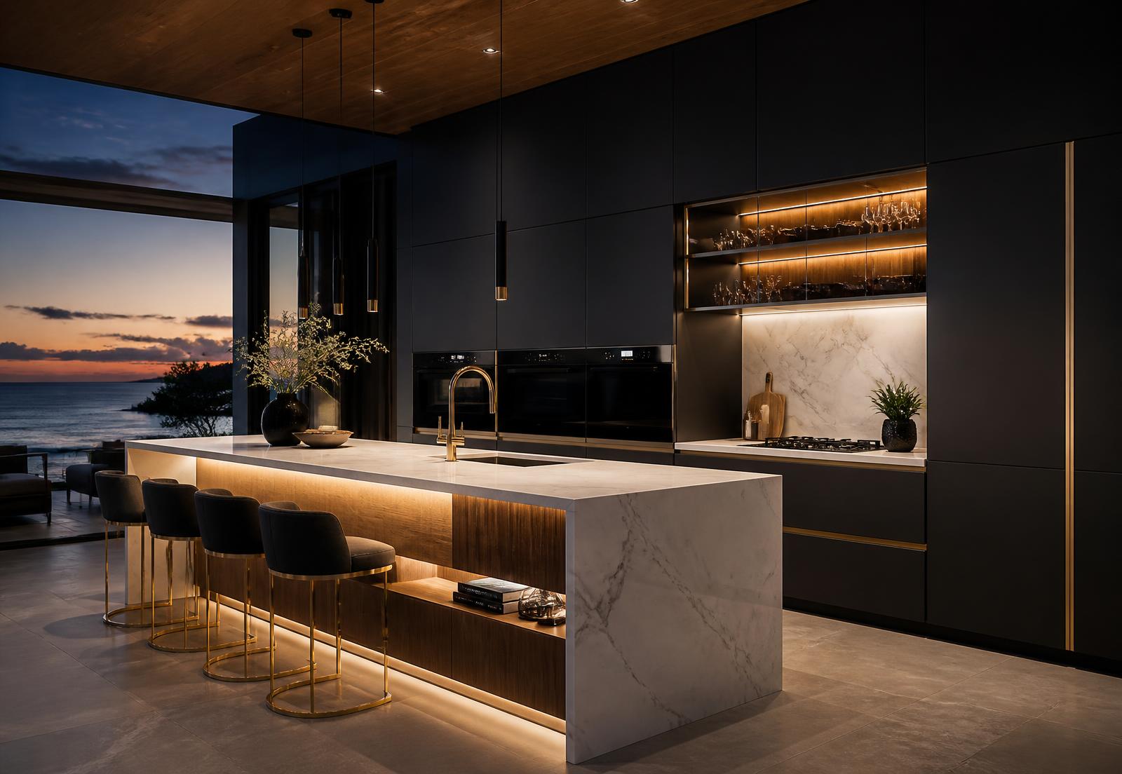 Luxury matte black modular island kitchen with marble waterfall counter